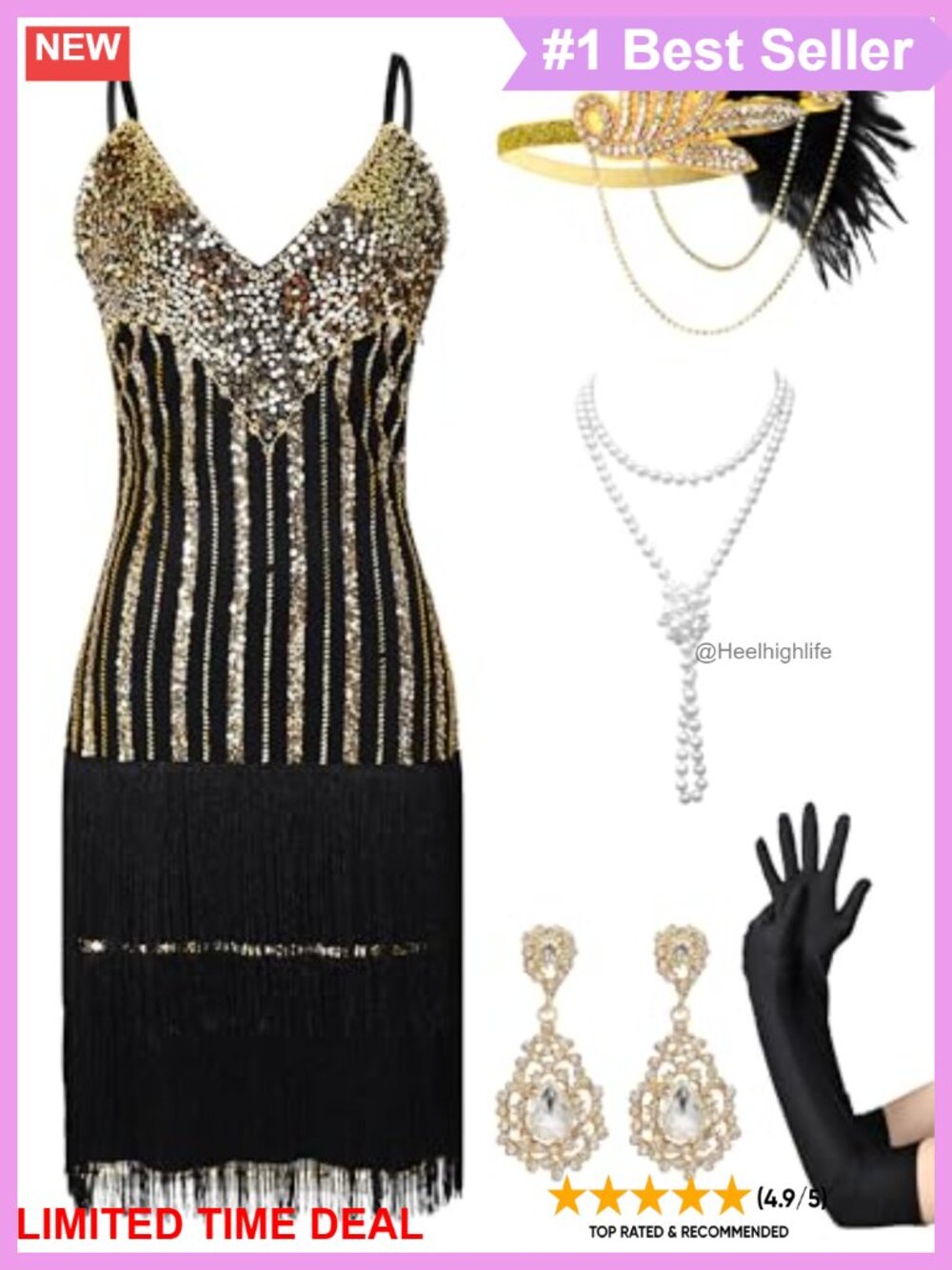 1920s Flapper Sequin Fringe V-Neck Short Sleeve Gatsby Cocktail Dress Set